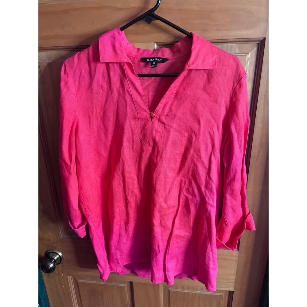 Ellen Tracy Womens Hot Pink Linen Tunic Top 3/4 Roll Tab Sleeve Blouse Medium